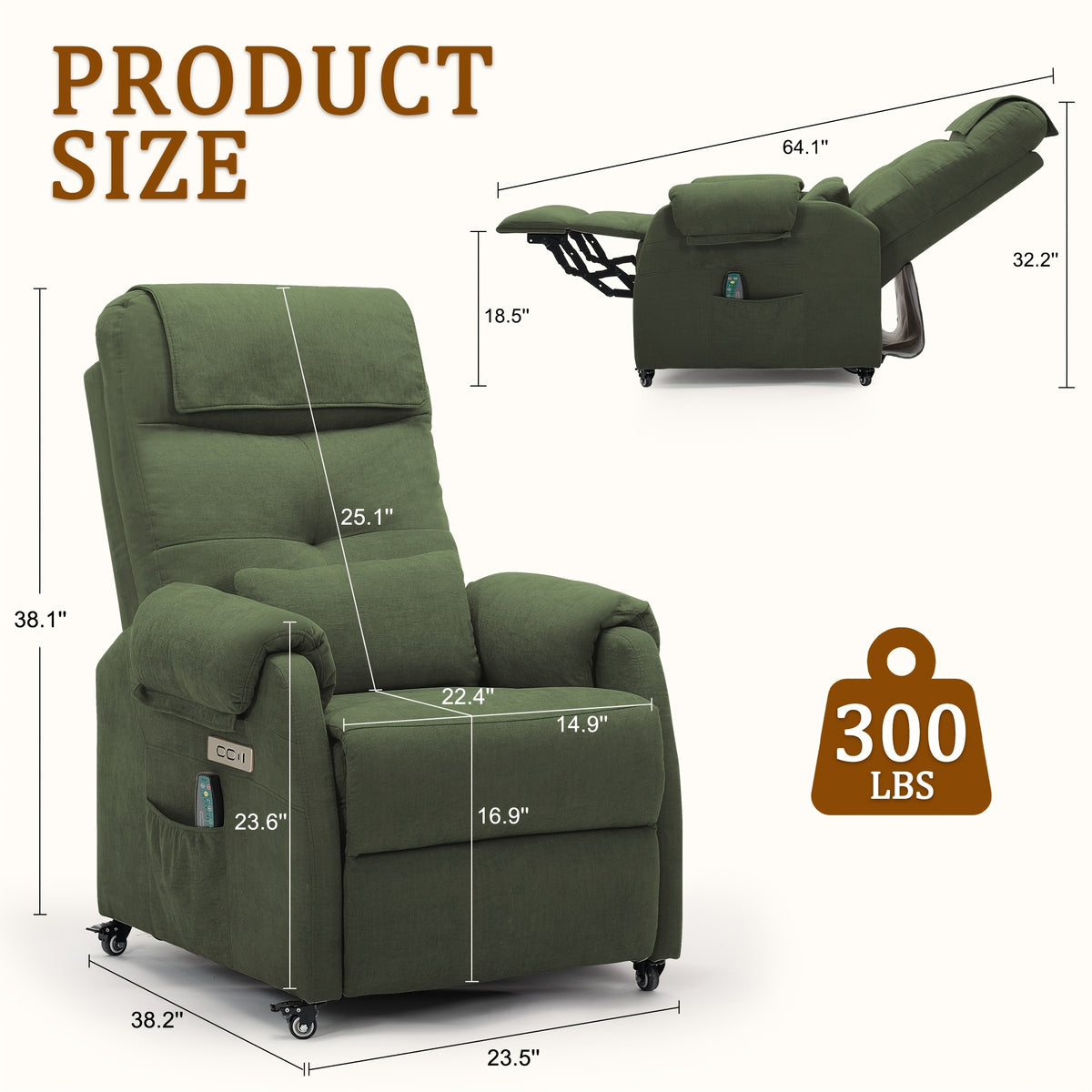 Personal Care Armchair, Recliner with Massage And Heating Functions, Portable Sofa Chair, Electric Recliner, Chair with USB Port And Side Pockets, Chenille Material Recliner Suitable for Living Room, Christmas Gift.