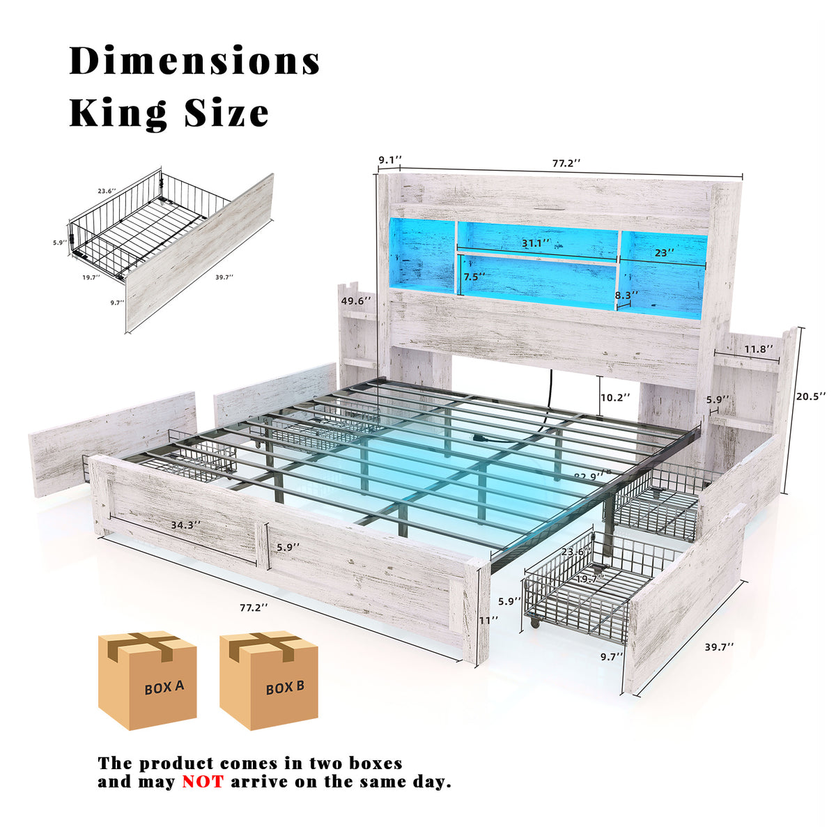 PAPABABE Bed Frame With 49.6 Inch Bookcase Headboard, 4 Drawers And 2 Detachable Storage Racks - Farmhouse Wood Bed Frame With RGB LED Lights And Charging Station, No Box Spring Needed