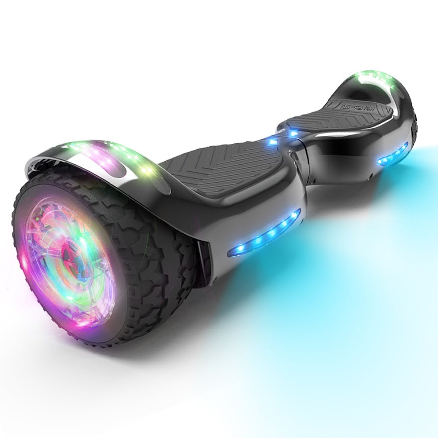 6.5-Inch Hoverboard with 10-Mile Range and 7 MPH Top Speed, Self-Balancing Electric Scooter with Dual Motors, Portable Design and Smooth Riding Performance. The compact 6.5-inch wheels provide responsive handling and easy control, while the rechargeable b