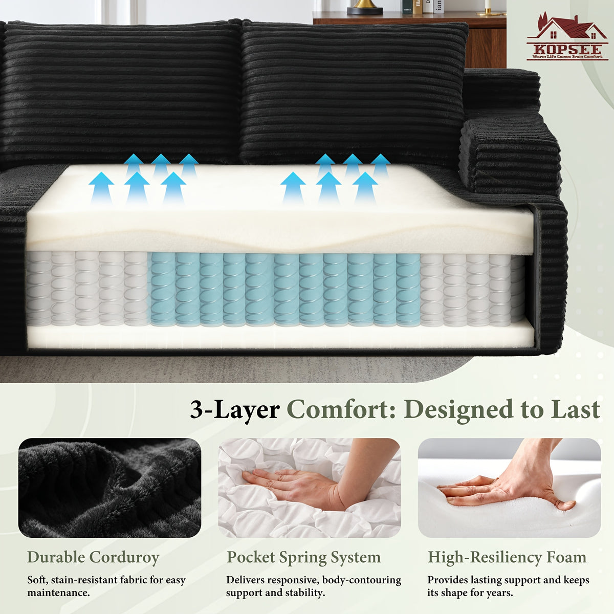 KOPSEE 96" Sectional Sofas for Living Room Cloud Couch Sofa with L-Shape Upholstered Boneless Couches Modern Modular Sectional Sofa with Chaise