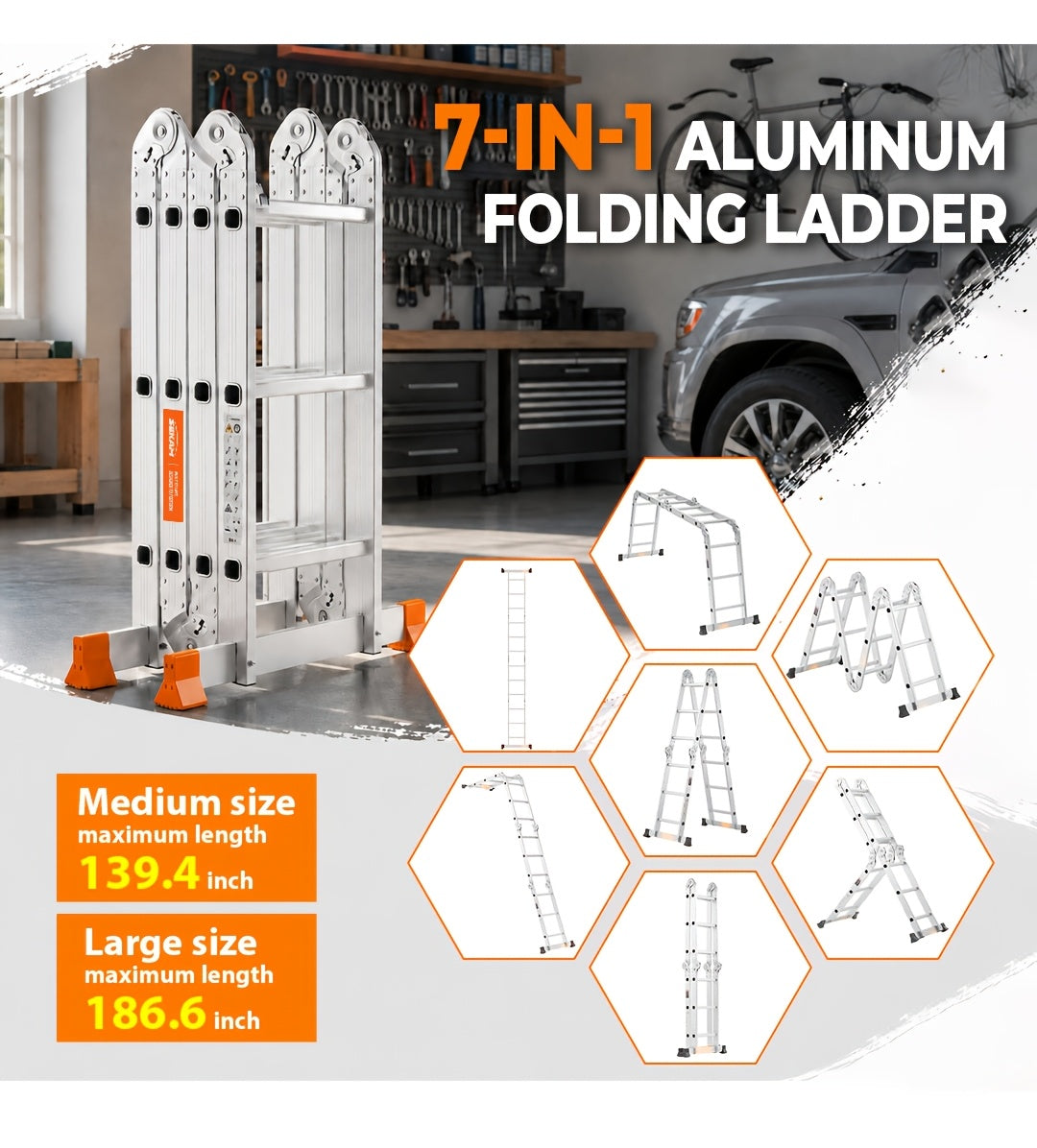 7-in-1 Foldable Convertible Aluminum Ladder, Dual Size Options M(139.4 Inch)/L(186.6 Inch) with Different Extended Length, Heavy-Duty Construction, Wear-Resistant Non-Slip Design, Sturdy Support Structure, Practical Extension Ladder for Indoor