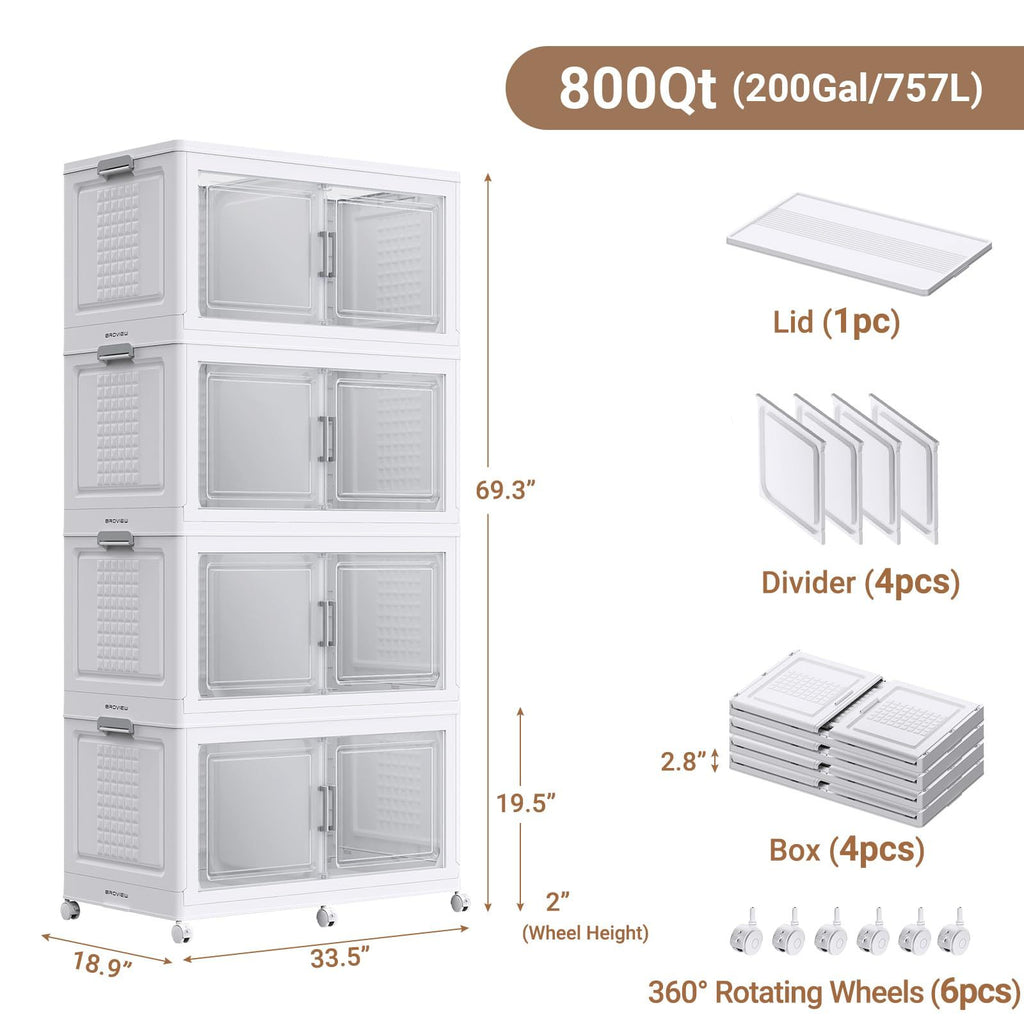 BROVIEW 150Gal/200Gal Plastic Storage Bins with Lid and Wheels, 3Pack/4Pack 600Qt/800Qt Extra Large Stackable Storage Bins With Dividers, Closet Organizers and Storage Cabinet Shelves Collapsible Box for Home Office, Black/White