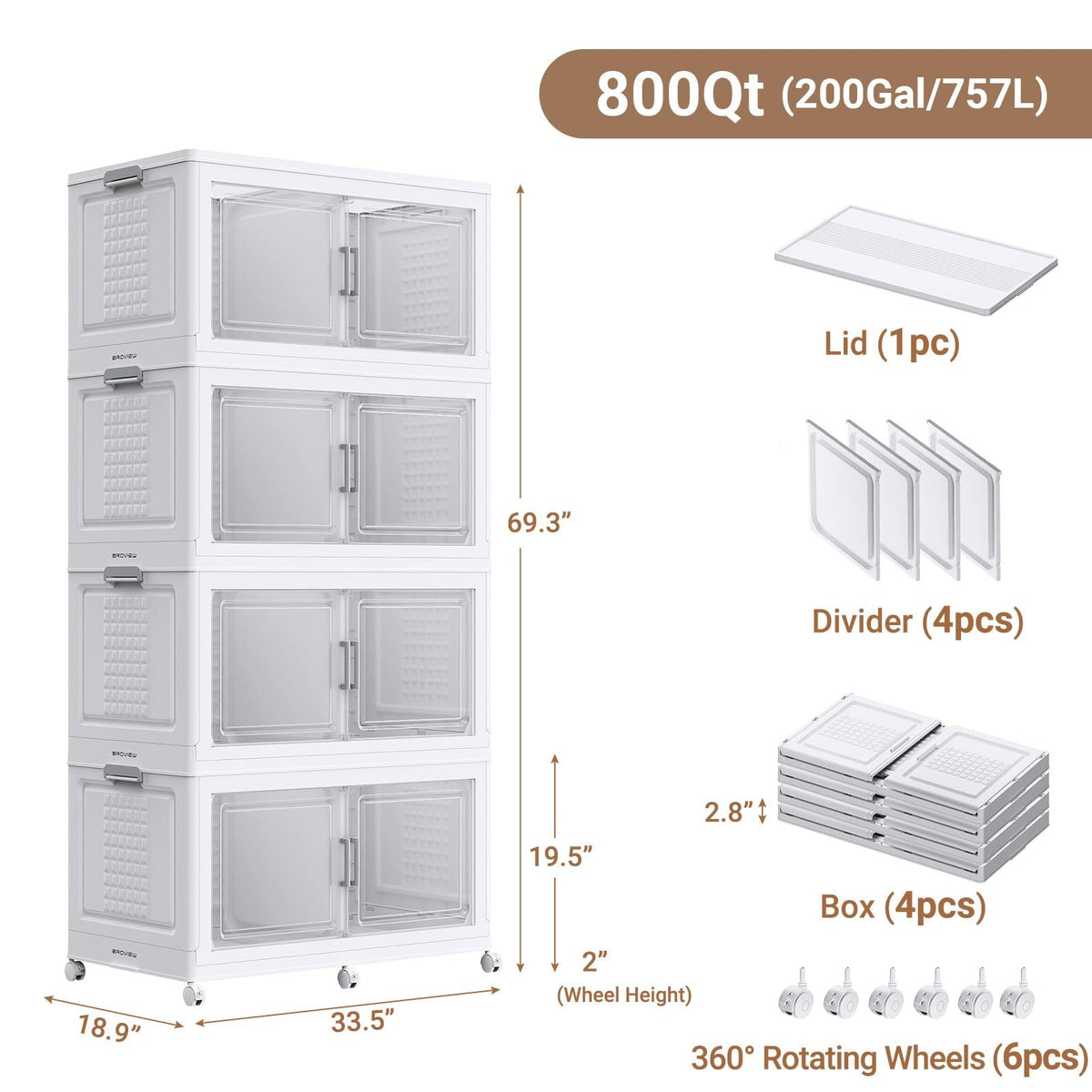 BROVIEW 150Gal/200Gal Plastic Storage Bins with Lid and Wheels, 3Pack/4Pack 600Qt/800Qt Extra Large Stackable Storage Bins With Dividers, Closet Organizers and Storage Cabinet Shelves Collapsible Box for Home Office, Black/White