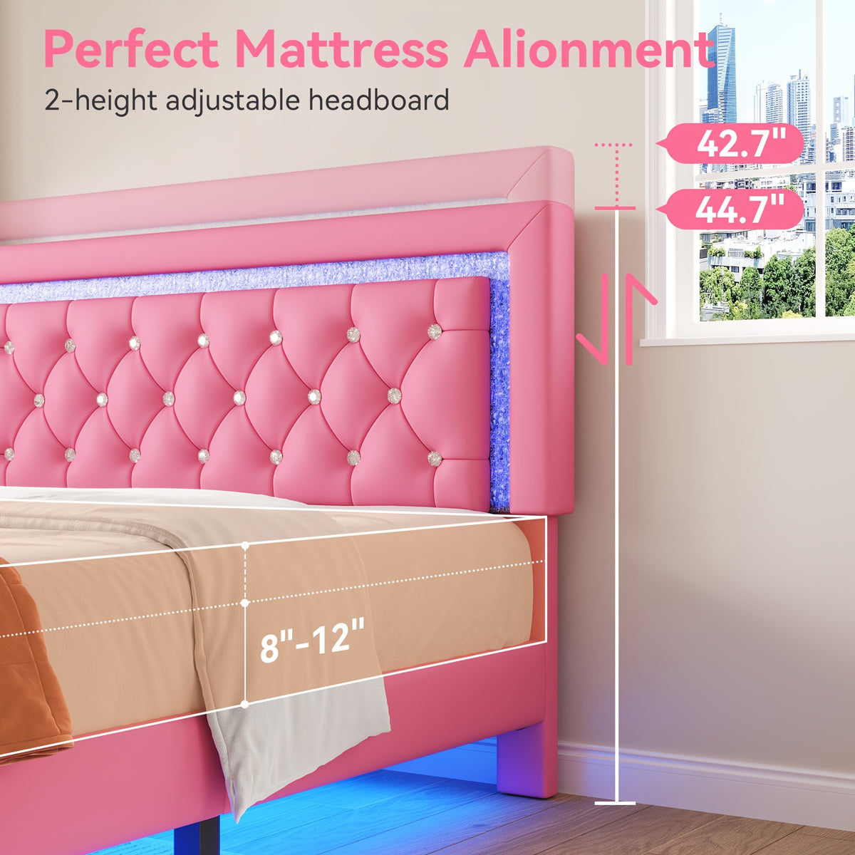 MRAEER Diamond Quilted Velvet Silent Full/Queen Bed Frame | LED Lights, Diamond Quilted Footboard, Adjustable Headboard, No Mattress Required, Easy Assembly, Available in Pink/White/Black, Powered, Contemporary Style, Christmas Gift