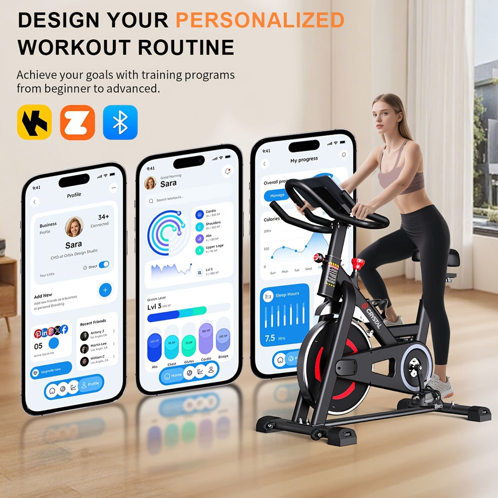 CRYSTAL FIT Indoor Exercise Bike, Cycling Bike Plus Magnetic Resistance/Brake Pad Stationary Bike with Tablet Holder LCD Monitor 300lbs Weight Capacity &Upgraded Comfortable Seat Cushion