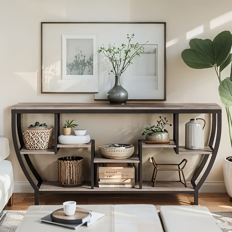 TV Console Table for TVs Up to 80 Inches, 70.86-Inch Top and Staggered Open Shelves in Retro Wood Grain