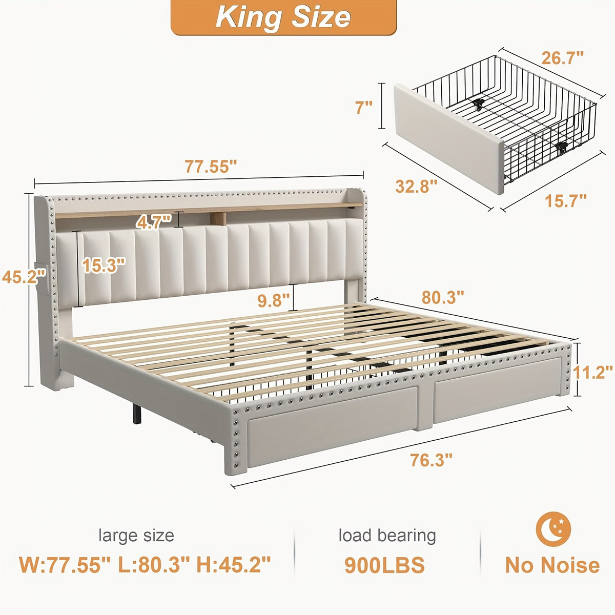 King Size Upholstered Bed Frame with Storage, 2-Tier Headboard And 2 Drawers, Sturdy Wood Slats, No Box Spring Needed, Noise-Free, Modern Grey/Beige, Easy Assembly, Space Saving