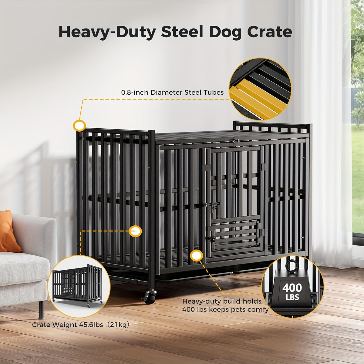 Extra Large Heavy Duty Dog Cage, 43.2 Inch - Indestructible Metal Kennel, Escape-Proof, with Lockable Wheels And Triple Doors, Ideal for High-Anxiety Pets, Indoor/Outdoor Use, High-Anxiety Pet Cage