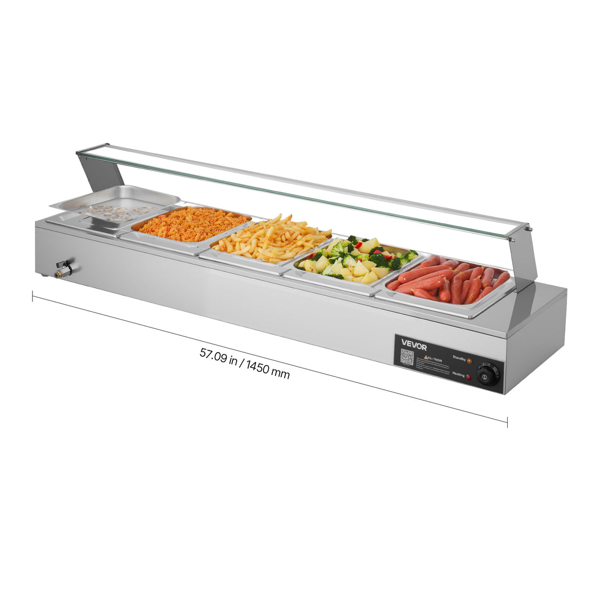 VEVOR Commercial Food Warmer, 1500W Electric Stainless Steel Steam Food Warmer with Glass Cover, Countertop Buffet Bain Marie with Three 1/2 Size / Five 1/2 Size Food Pans, for Catering, Restaurant, Party & Buffets