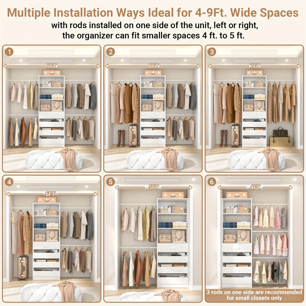 Closet System, Closet Organizer System with 4 Wooden Drawers, Walk-in Closet Wardrobe Clothes Rack with 4 Hanging Rods, Fit for 4-9ft Space, Garment Rack, White, Mounted Closet Systems
