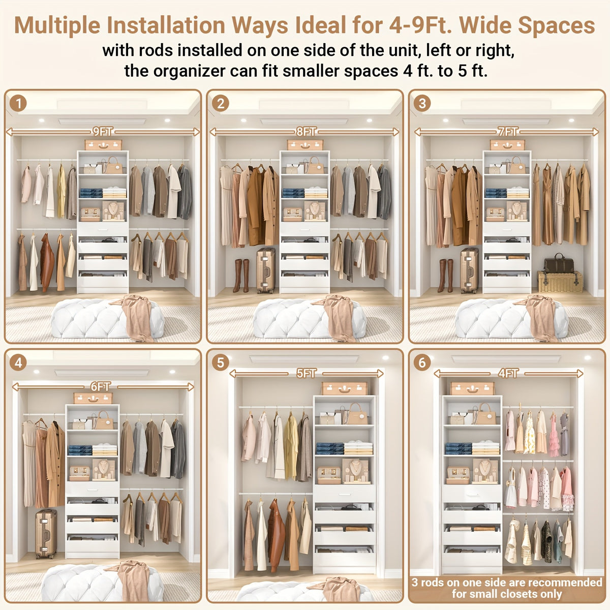 Closet System, Closet Organizer System with 4 Wooden Drawers, Walk-in Closet Wardrobe Clothes Rack with 4 Hanging Rods, Fit for 4-9ft Space, Garment Rack, White, Mounted Closet Systems