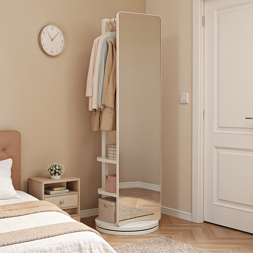 Full Length Mirror with Coat Rack & Storage, 360° Rotating Solid Wood Standing Floor Mirror with Shelves for Bedroom, Entryway, Dressing Room