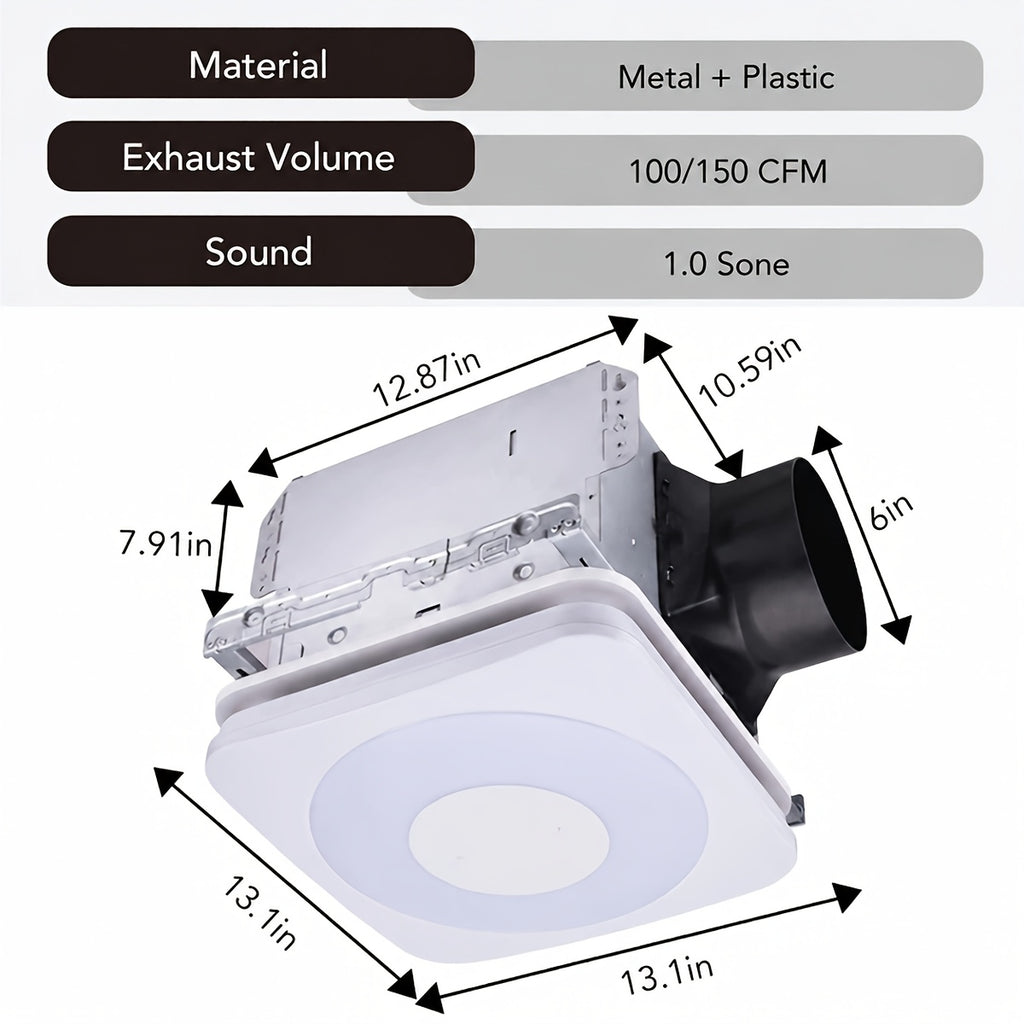 [3-in-1 Bluetooth Fan] SYVIO Bathroom Exhaust Fan with Bluetooth Speaker, 3-in-1, (100/150 CFM | 1.0 Sone Ultra-quiet)Dual Wind Speed, 30W High-efficiency Ventilation, Integrated 1300lm RGB Three-color Temperature LED Night Lighting (2700K/4000K/6500K) Mu