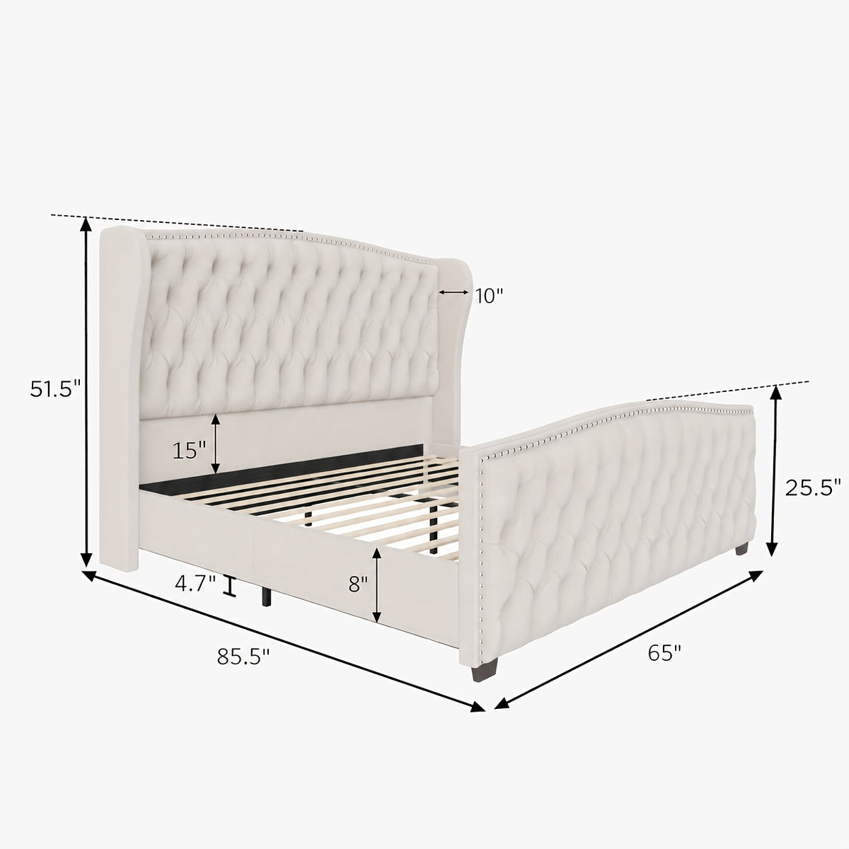 Handcrafted Velvet Bed Frame Featuring a Wingback Headboard, Adorned with Button Tufting And Nailhead Accents, Supported by Wooden Slats.
