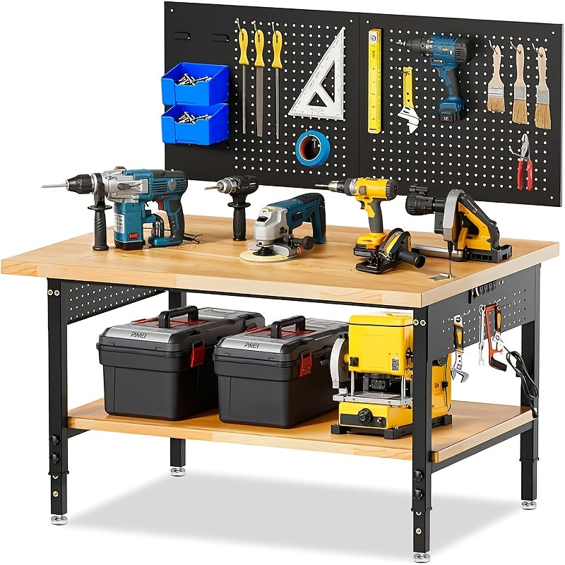 96"84"72"60"48"Adjustable Height Workbench with Power Outlet & Pegboard, 28"-40"Height Heavy Duty Solid Wood Work Table with 2000 to 5000 LBS Load Capacity for Garage, Shop, Office, Home