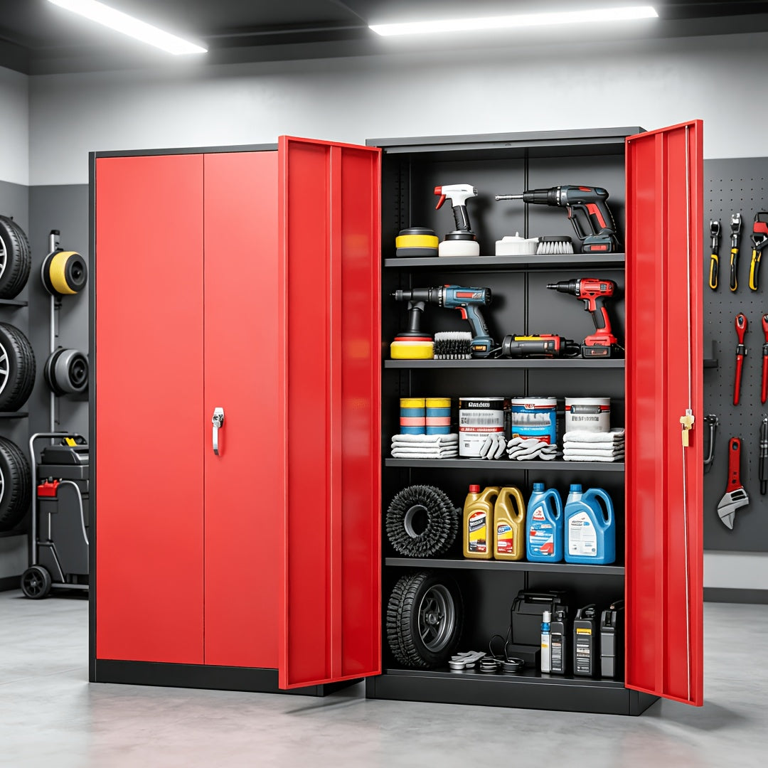 72-Inch Metal Storage Cabinet with Locking Door for Garage, Equipped with 4 Adjustable Shelves, Suitable for Repair Shops, Garages, And Warehouse Storage (Red 72''X 36" X 18")