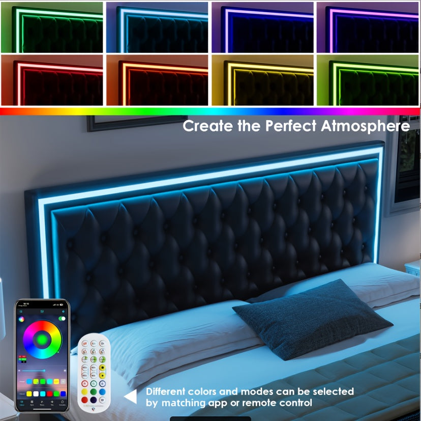 Full/Queen/King Size Modern Bed Frame with LED Headboard & 4 Storage Drawers - Upholstered Platform Bed, Button Tufted Headboard Suitable for Beige/White/Black - Assembly, No Box Spring Needed, Wood-Free