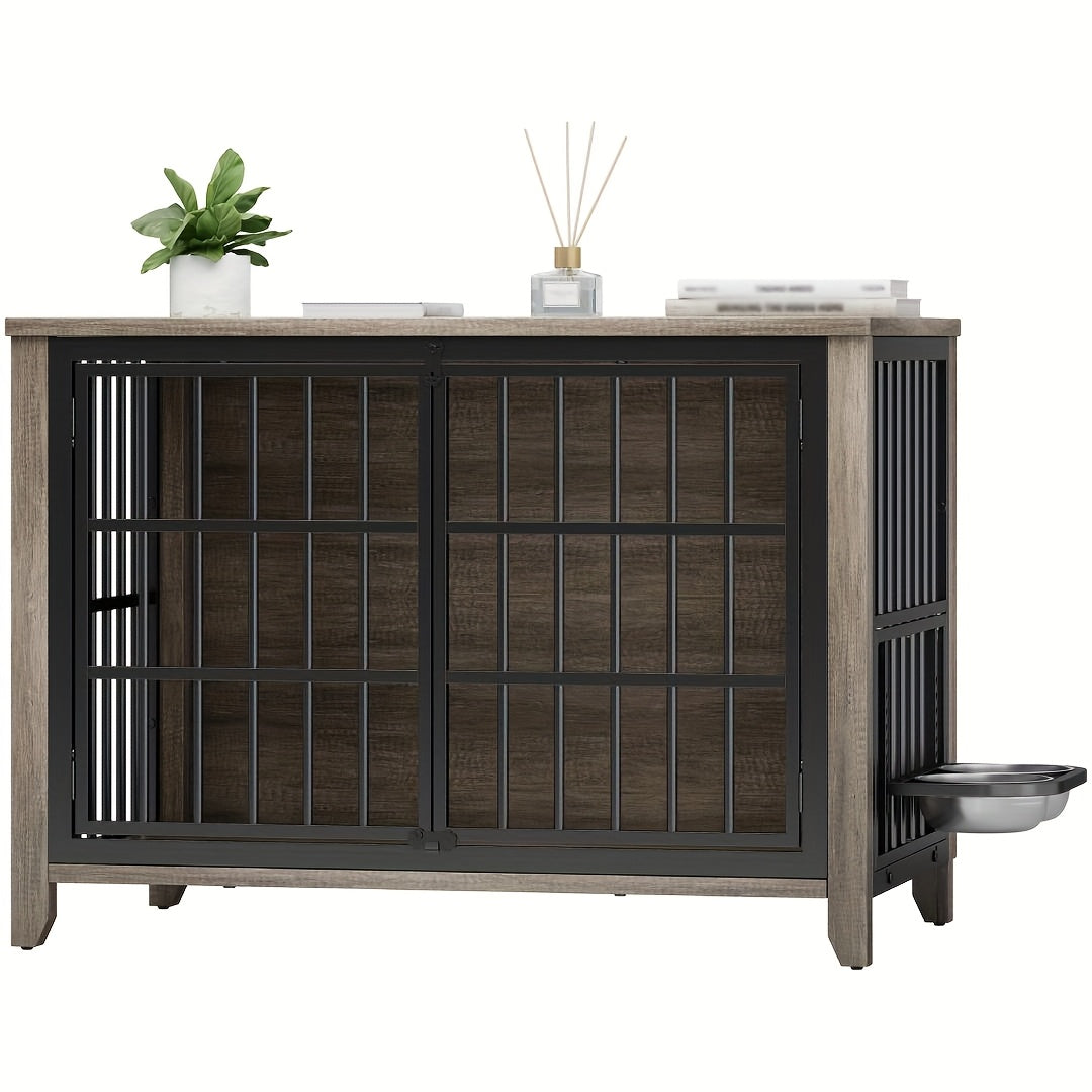 75/36/30in Furniture-Style Dog Crate with 360° Rotating Bowls, Adjustable Height, Safe Lock, Easy to Clean, Available In Gray/Brown, M, L, XL Sizes for One Or Two Dogs, Ideal for Home, Living Room Or Bedroom