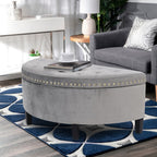 43.5" Velvet Storage Bench with Button Tufting Rivet Details Half Moon Ottoman for Living Room, Bedroom, Or Entryway Sturdy Hardwood Frame, Hidden Storage, Elegant Design, Living Room Seating Elegant Velvet Bench Velvet Upholstery, Bench for Bedroom