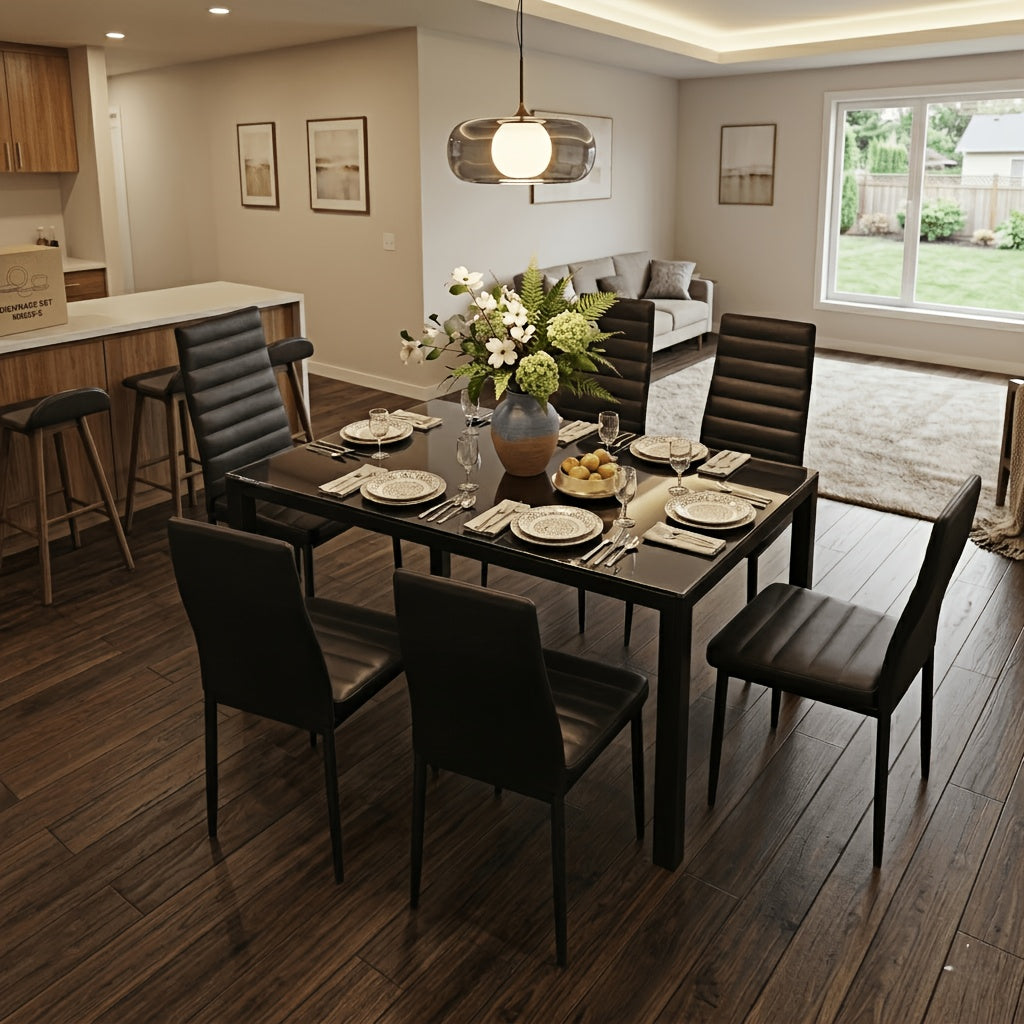 Modern 7pcs Glass Dining Table Set: 51" Rectangular Kitchen Table with 6 Ergonomic PU Leather Chairs for Dining Room & Living Room