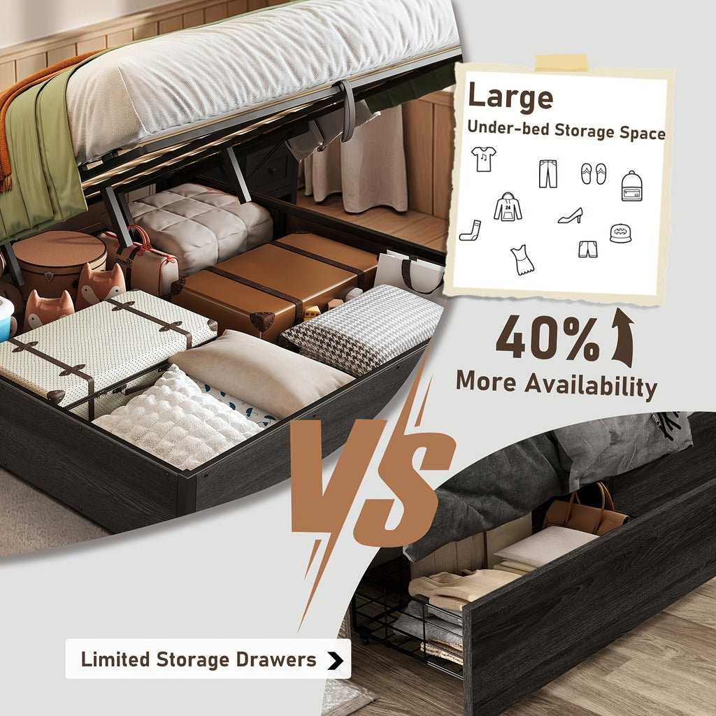 Lift Up Storage Bed with Storage Underneath, Wooden Platform Bed Frame, Solid Wood Slats Support, No Fixed Headboard, No Box Spring Needed