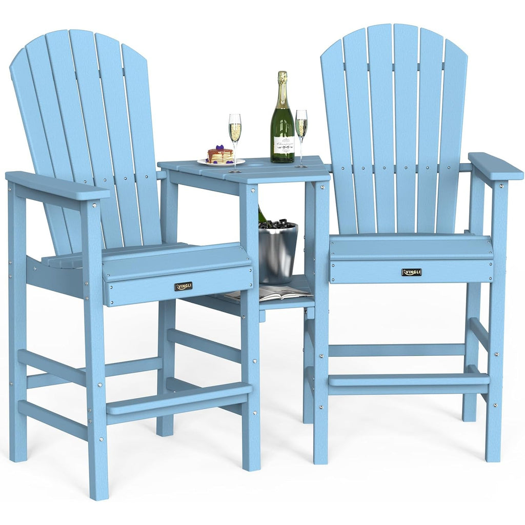 Tall Adirondack Chairs Set of 2 HDPE Balcony Chair with Double Connecting Tray Weather Resistant Outdoor Bar Stools for Patio Deck Lawn Pool Backyard Black