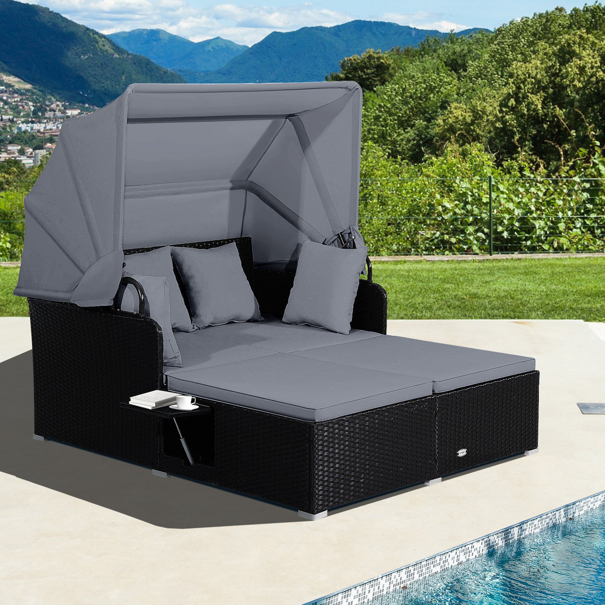 COSTWAY Patio Rattan Daybed Lounge Retractable Top Canopy Side Tables Cushions Gray.