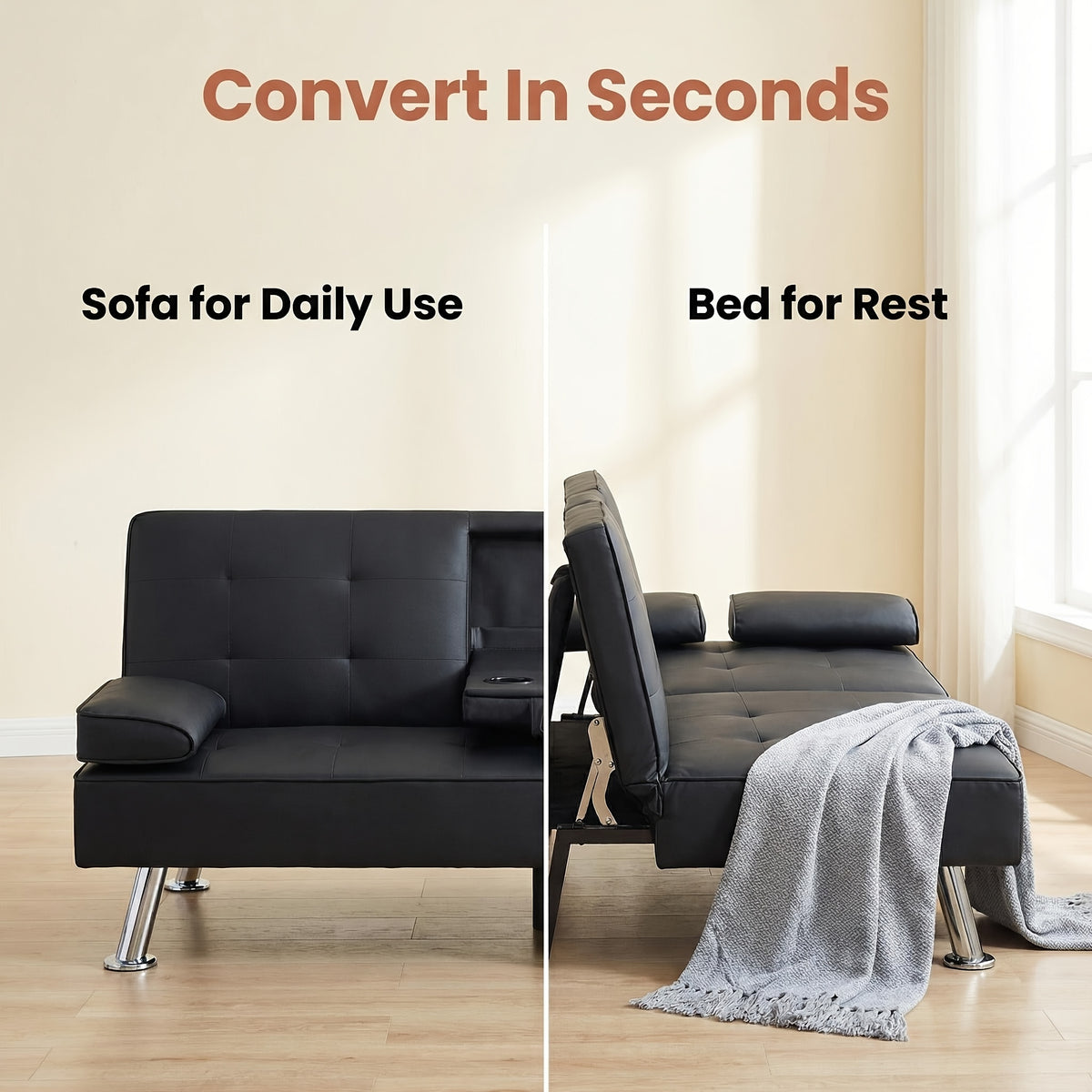 67" Convertible Futon Sofa Bed, 2 Thickness Seat Cushion, Adjustable Folding Couch with Detachable Armrest & Cup Holders, Heavy Duty 700 LBS Metal Frame, Multifunctional Sleeper Sofa for Living Room Bedroom Apartment Dorm
