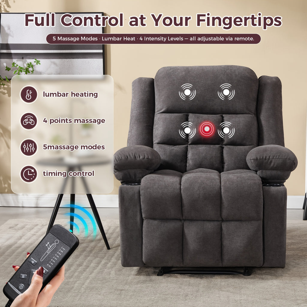 Manual Recliner Chair with Massage And Heat Ergonomic Overstuffed Breathable Fabric Reclining Chair with 2 Side Pockets, 2 Cup Holders, Remote Control, for Game & Recreation Room Furniture