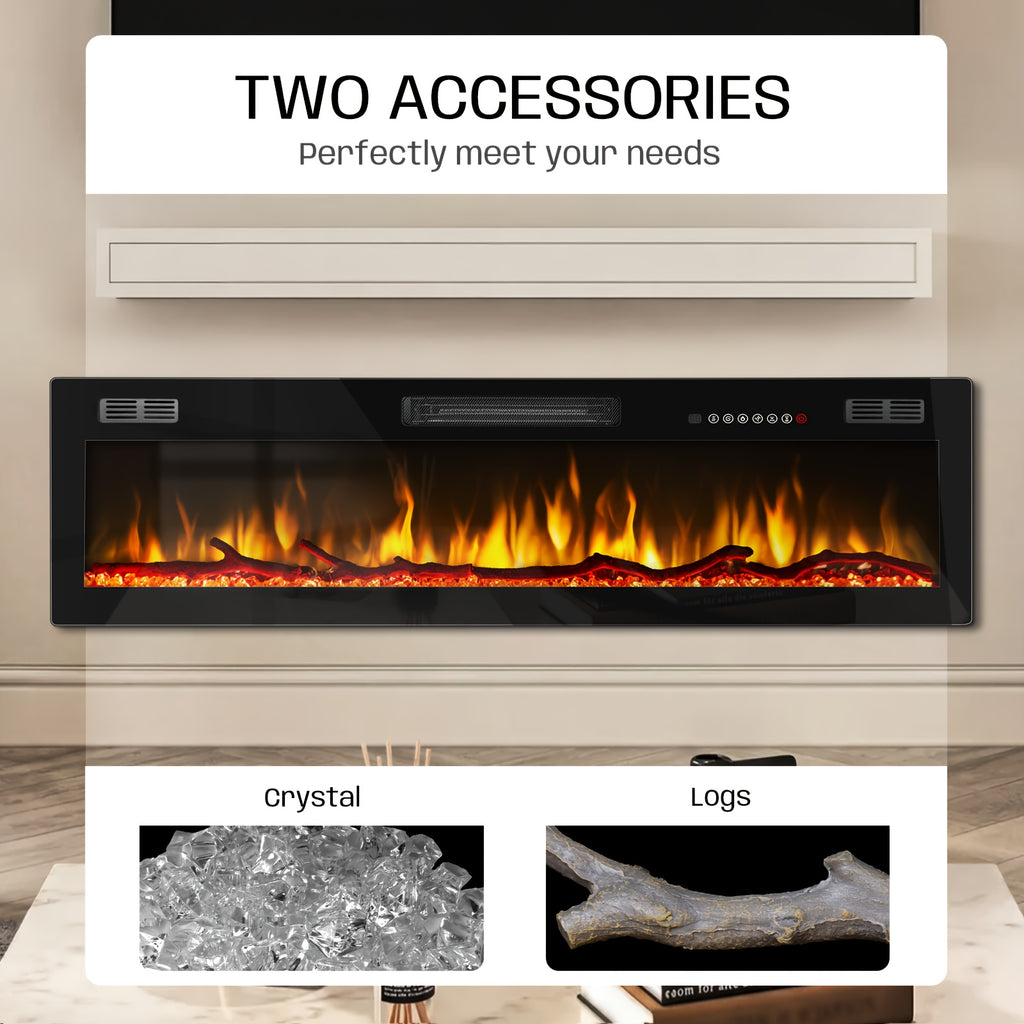 50/60/68/72 Inch Electric Fireplace, Recessed And Wall Mounted Fireplace, Fireplace Heater with Remote Control, Linear, Ultra-Thin Fireplace Heater with 12 Adjustable Flame Color, Log & Crystal Options, 750/1500W