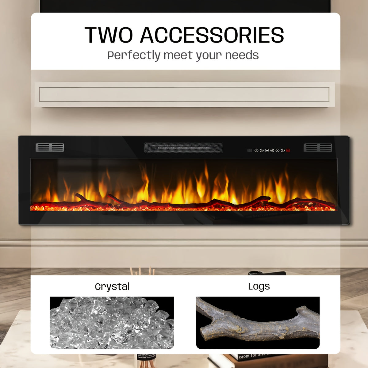 50/60/68/72 Inch Electric Fireplace, Recessed And Wall Mounted Fireplace, Fireplace Heater with Remote Control, Linear, Ultra-Thin Fireplace Heater with 12 Adjustable Flame Color, Log & Crystal Options, 750/1500W