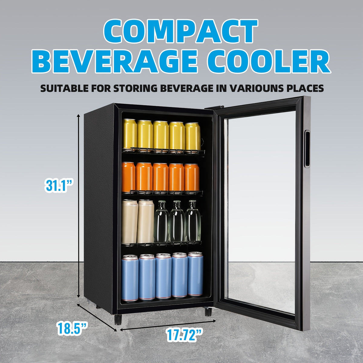 WANAI Mini Fridge Cooler 125Cans Beverage Refrigerator Glass Door Beverage Cooler for Beers Wine Juicer Cooler Adjustable Shelves LED Lights for Home, Office Or Bar