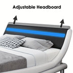 Modern Upholstered LED Bed Frame with Adjustable Headboard & Faux Leather Wave Bed - Metal Platform Bed Frame, No Box Spring Needed, Easy Assembly, Contemporary Bed for Small Spaces Suitable for Modern Bedrooms