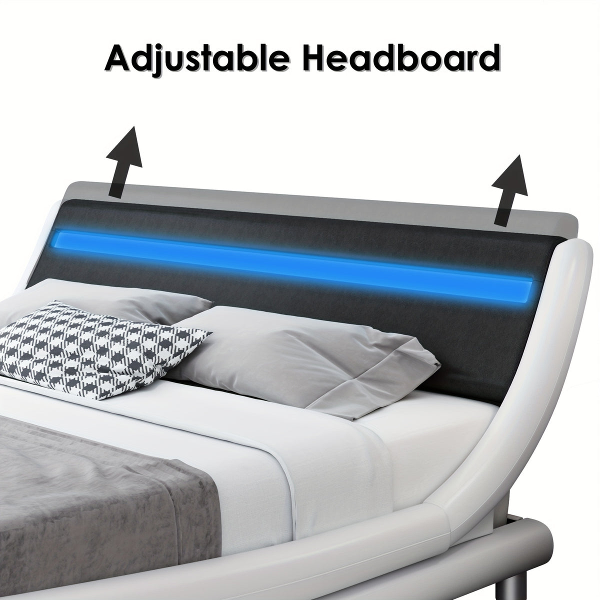 Modern Upholstered LED Bed Frame with Adjustable Headboard & Faux Leather Wave Bed - Metal Platform Bed Frame, No Box Spring Needed, Easy Assembly, Contemporary Bed for Small Spaces Suitable for Modern Bedrooms