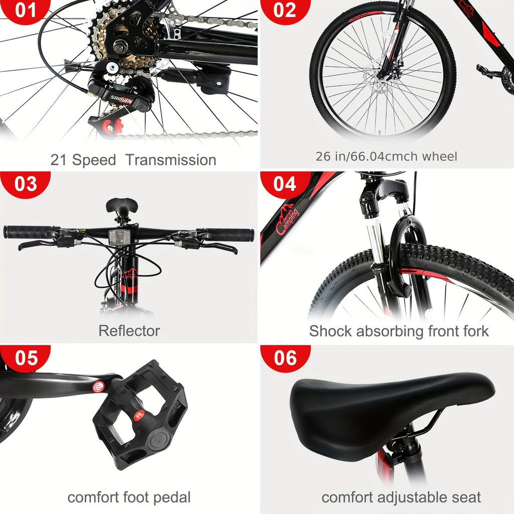26-Inch 21-Speed Red & Black Mountain Bike - Double-Disc Brakes, Shock-Absorbing Fork - Ideal for Off-Road Adventures