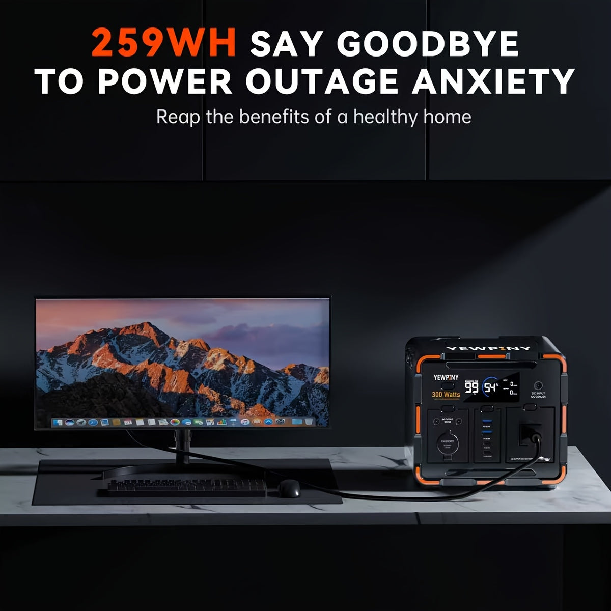 Portable Power Station YEWPINY 300W, 259Wh Battery Backup with Fast and Solar Charging for Outdoor Use