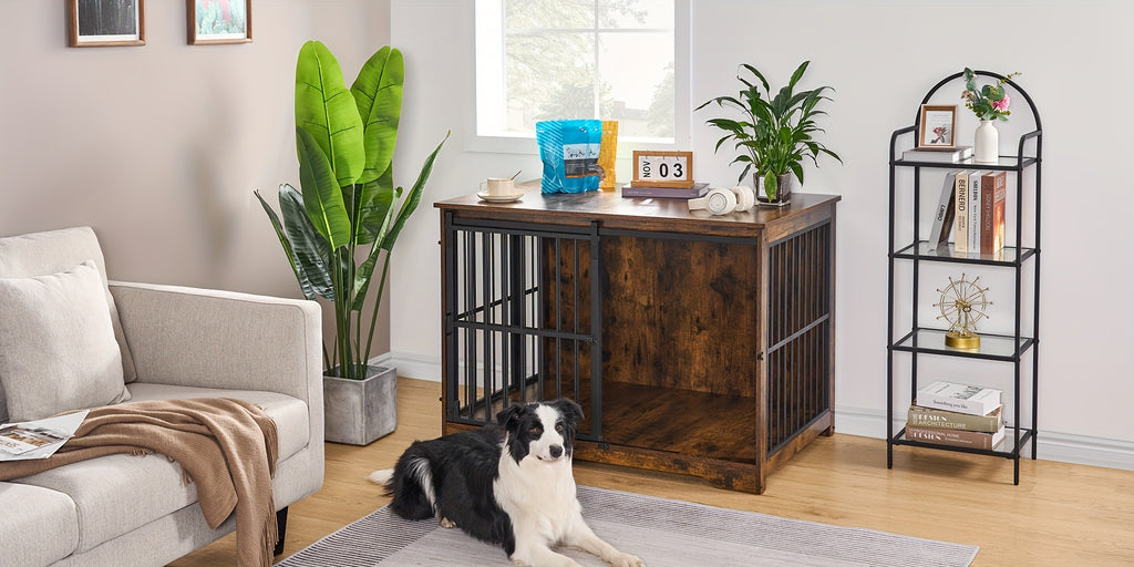 XL Large Dog Crate Furniture, 44.1" Indoor Dog Kennel Furniture with Barn Door, Wooden Tall Dog Crate, Heavy Duty Dog Cage for Large Dogs, Side End Table, Anti-Chew, Rustic Brown, Black, Greige Black, White Brown