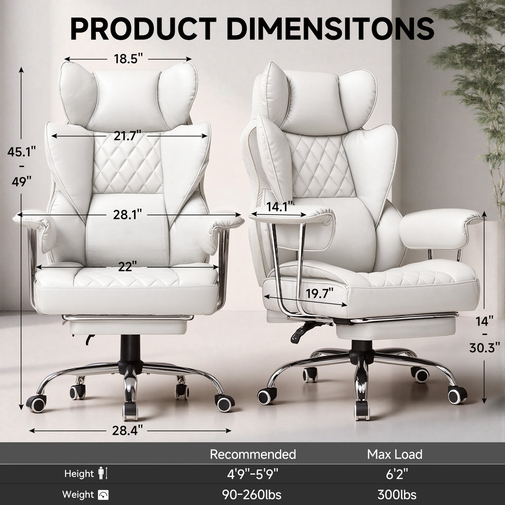 Executive Office Chair for Heavy People, Gaming Chair, Ergonomic Wide Desk Computer Chair with Pocket Spring Lumbar Support, Footrest, Outward Fixed Soft Armrests, High Back PU Leather, Height Adjustable, Big and Tall