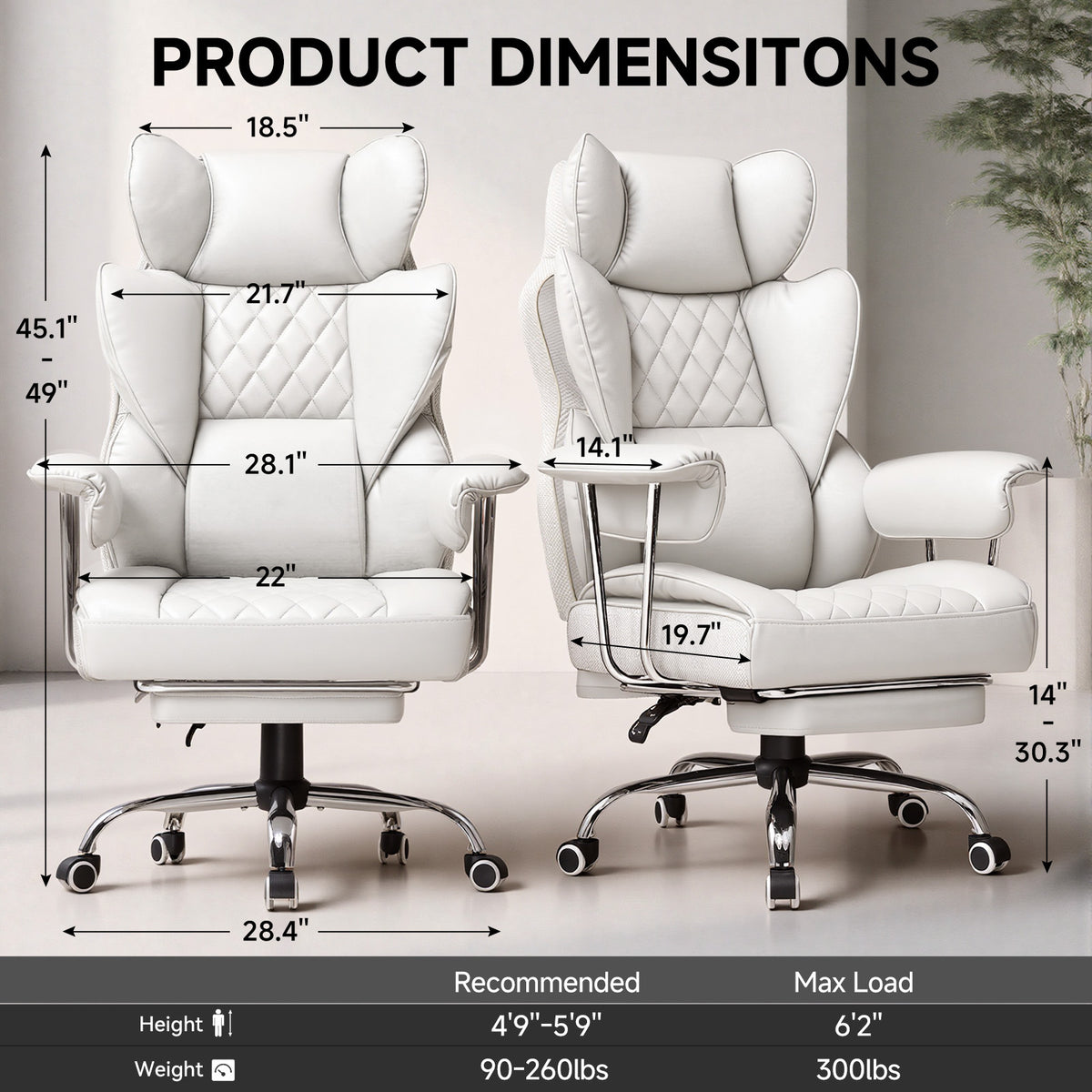 Executive Office Chair for Heavy People, Gaming Chair, Ergonomic Wide Desk Computer Chair with Pocket Spring Lumbar Support, Footrest, Outward Fixed Soft Armrests, High Back PU Leather, Height Adjustable, Big and Tall