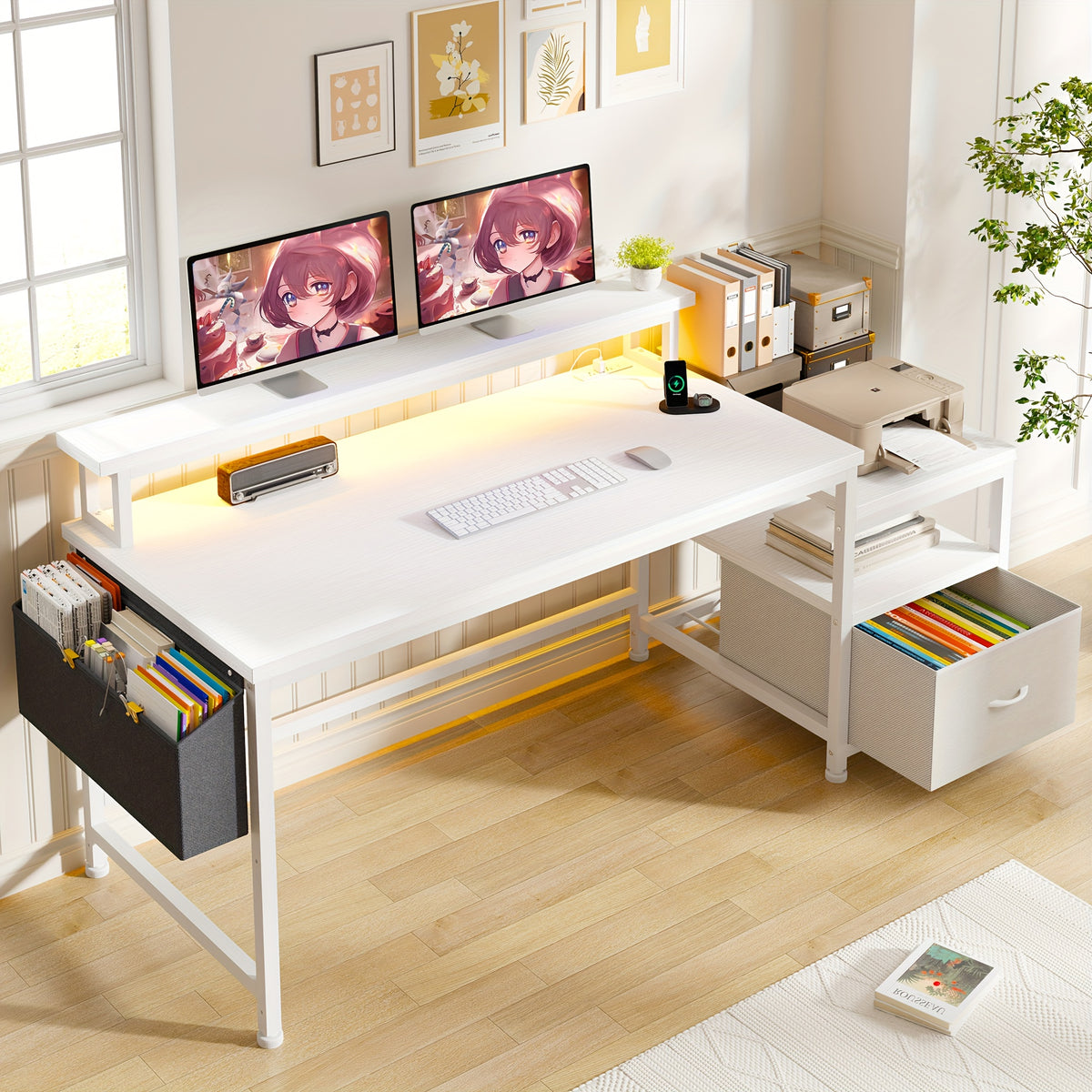EnHomee 57" Computer Desk With Drawers And Printer Space, Office Desk With Power Outlets, Home Office Desks With File Drawers Cabinet, Study Writing And Gaming Desk With Shelves Monitor Stand