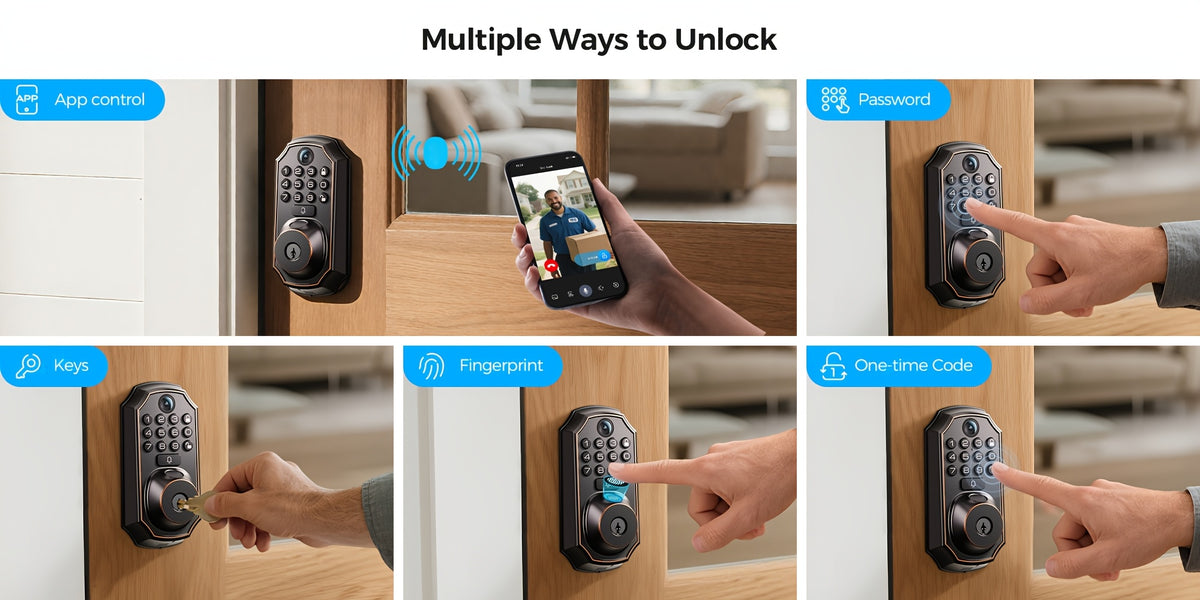 Smart Keypad Door Lock - Keyless Entry Door Lock - Front and Rear Locks and Doorbell - Remote Control, Fingerprint, Two-Way Voice Video and Call, Photo, Recording, APP Control, Voice, 150 Code Smart Deadbolt Lock - Anti-Peeping Password