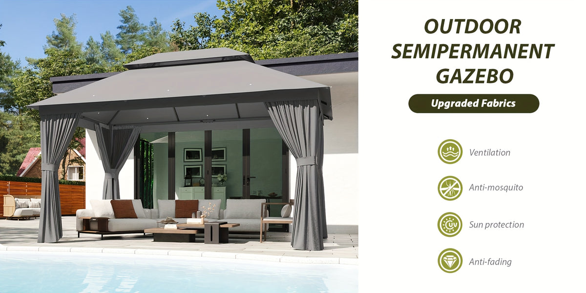 10'x12'/10'x10'/8'x8' Outdoor Gazebo & Pergola for Patio - Double Roof Steel Canopy with Mosquito Net And Privacy Screen, Heavy Duty Party Tent Shelter for Backyard, Lawn, Garden, All-Weather Gazebos with Patio Cover (Grey/Beige/Blue)