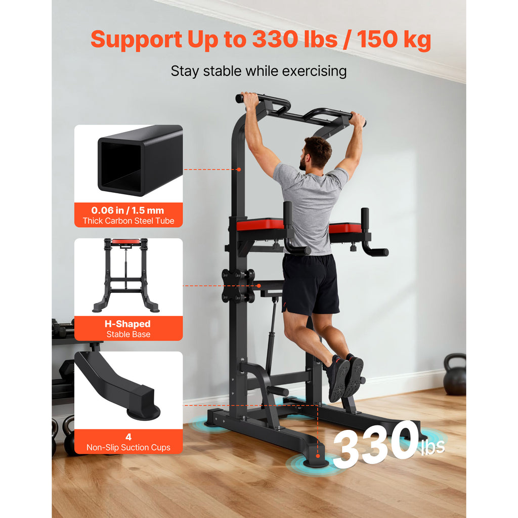 VEVOR Pull Up Bar, 330 LBS Power Tower Dip Station,With pallet/With butterfly arm, Workout Dip Station with H-Shaped Stable Base & Assistance Platform, Adjustable 9 Level / 12 Level Height Pullup Stand for Back, 3-Level / 4-Level Adjustable Elbow Pads