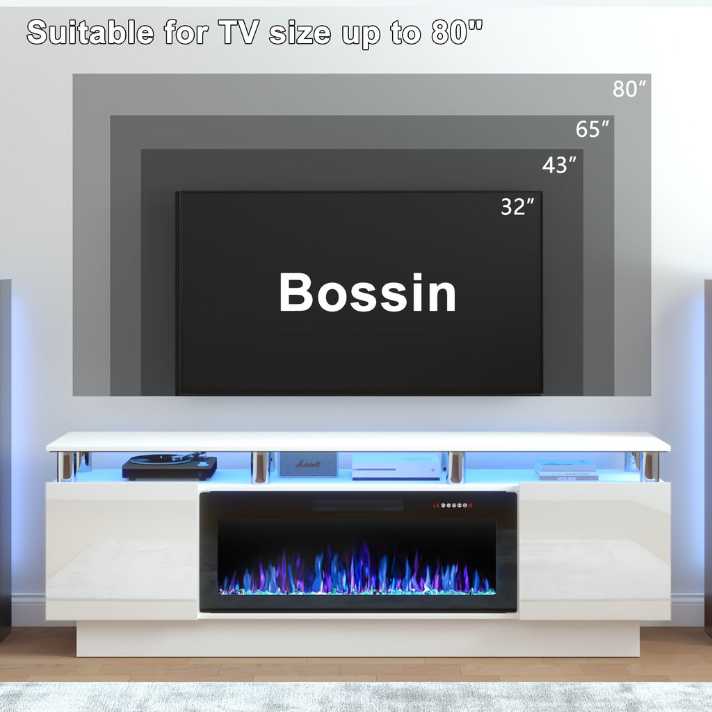 70-Inch Contemporary TV Stand Featuring a 36-Inch Electric Fireplace, Designed As an Entertainment for Televisions Up to 80 Inches, with Modern Wooden Media Storage Cabinets Suitable for The Living Room