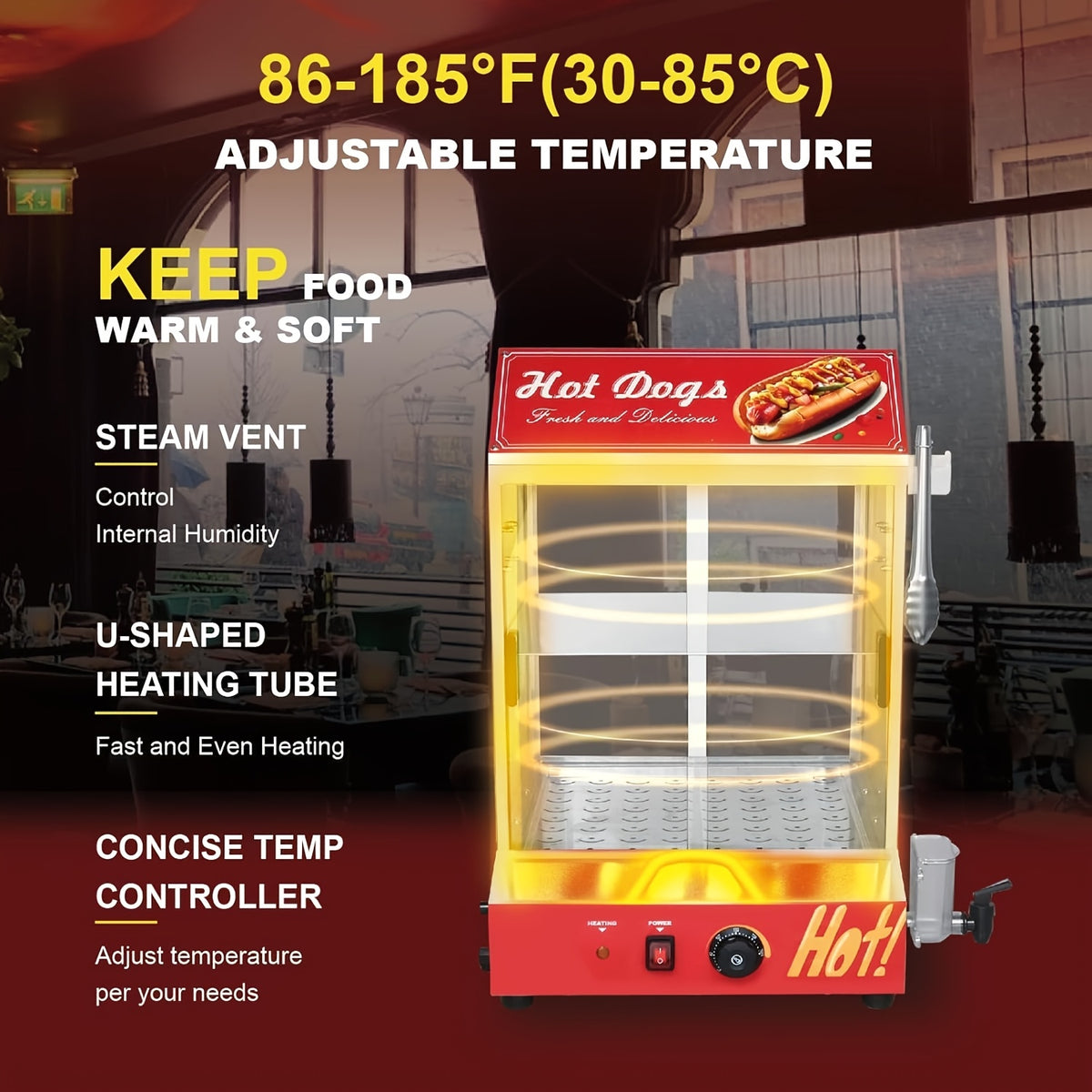 2-Tier Electric Hot Dog Steamer with Bun Warmer - 31.7QT/28.5QT Capacity, Adjustable Temperature, Visible Glass Sliding Door, Holds 175 Hot Dogs And 40 Buns
