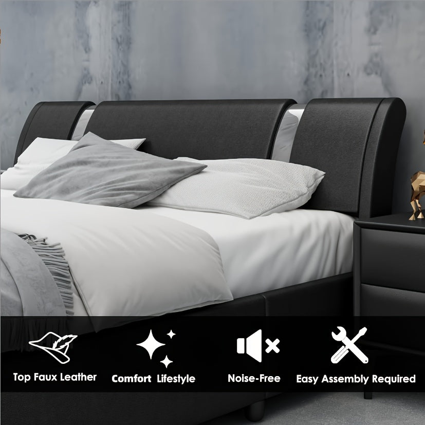Contemporary Platform Bed Frame Made of Faux Leather, Featuring Iron Metal Accents, an Adjustable Headboard, And Wooden Slats for Support, Eliminating The Need for a Box Spring