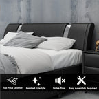 Contemporary Platform Bed Frame Made of Faux Leather, Featuring Iron Metal Accents, an Adjustable Headboard, And Wooden Slats for Support, Eliminating The Need for a Box Spring