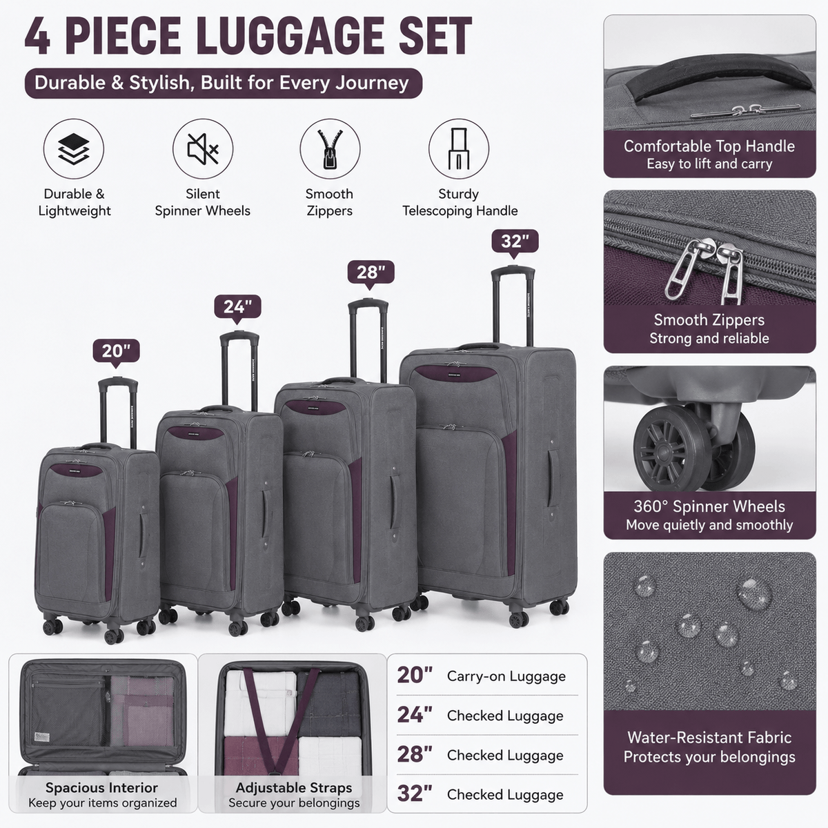 4-Piece Softside Expandable Luggage Set with Spinner Wheels, Lightweight Travel Suitcases with Telescopic Handle, Nested Storage Design