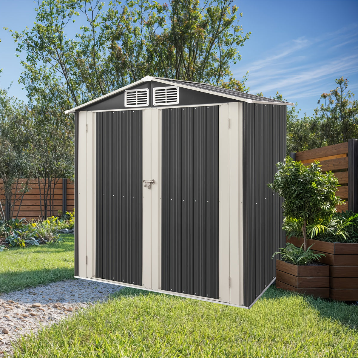 6x4ft Outdoor Storage Shed, Anti-Corrosion Tool Shed with Sloping Roof, Metal Garden Shed with Lockable Door, for Backyard Patio Lawn Poolside