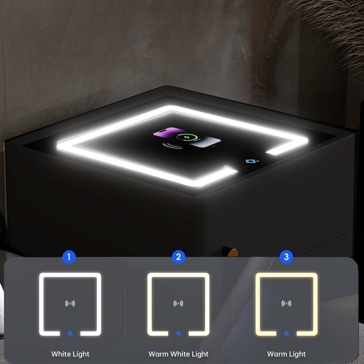 Modern 4 in 1 Wireless Charging Bedside Cabinet with Large Capacity, LED Three-Color Changing Light, Office Storage Cabinet with Drawers Combination Lock, Bedside Cabinet, Bedside Table, Sofa Side Table, Space-Saving, No Assembly Required